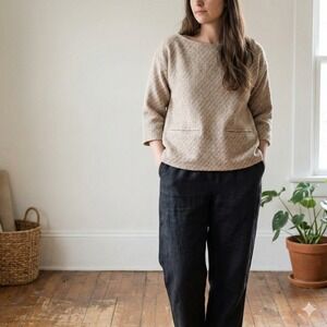 Jess Brown 100% Wool Top Womens Small Boxy Beige Pockets Lagenlook Made in CA